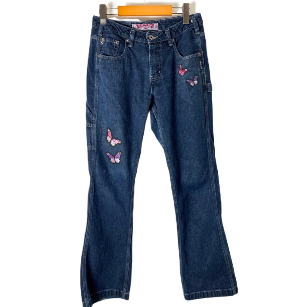 Y2K Vintage Silver Painter Jeans size 6 Blue Butterfly Embroidery 90s Skate Cool